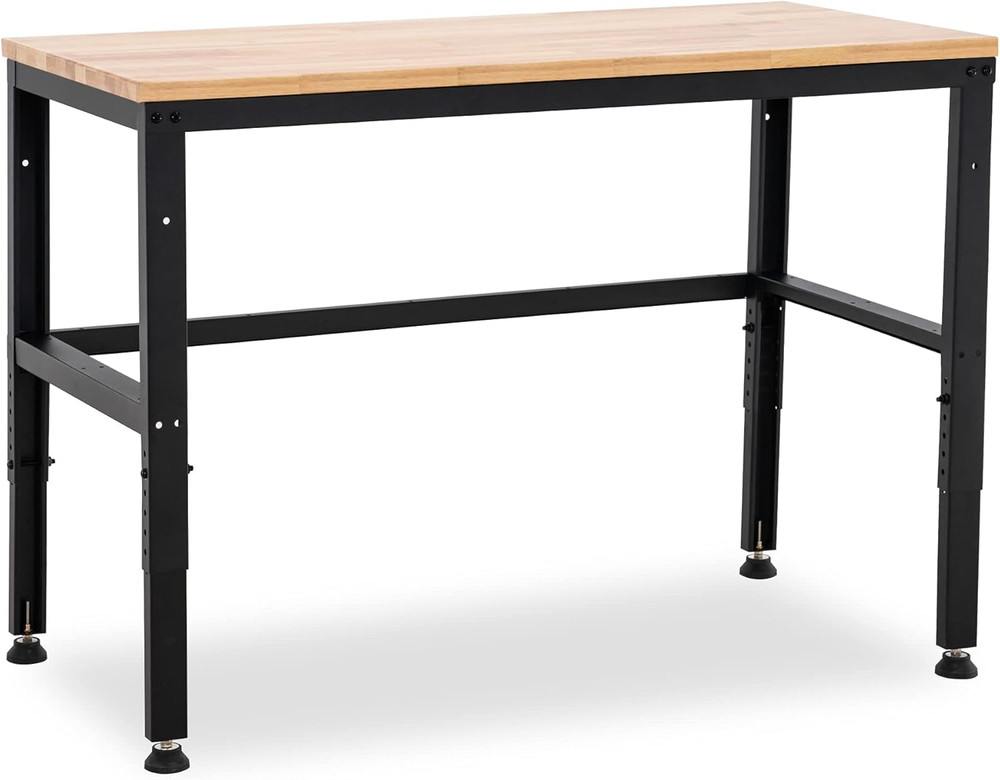 Mcombo 48" Adjustable Workbench with Oak Wood Top, Overall Steel Frame Worktable