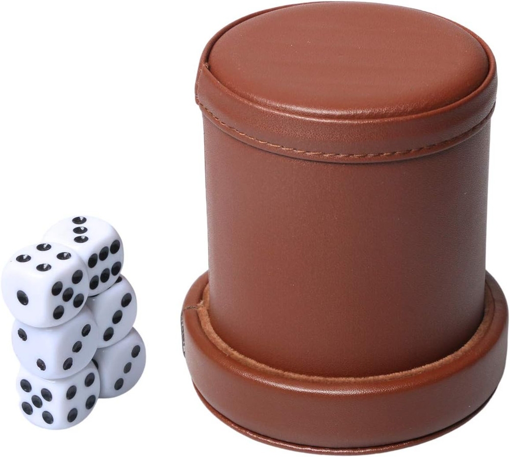PU Leather Dice Cup Set with Lid Dark Brown Felt Lining Quiet Shaker Cup Include