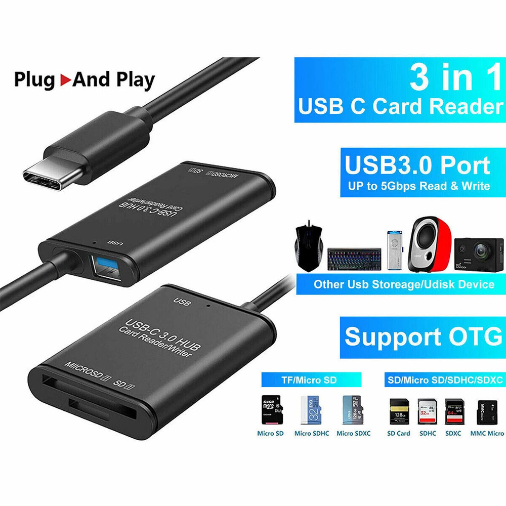 USB C to SD Card Reader 3-in-1 OTG Adapter USB 3.0 Micro SD Memory Card Reader