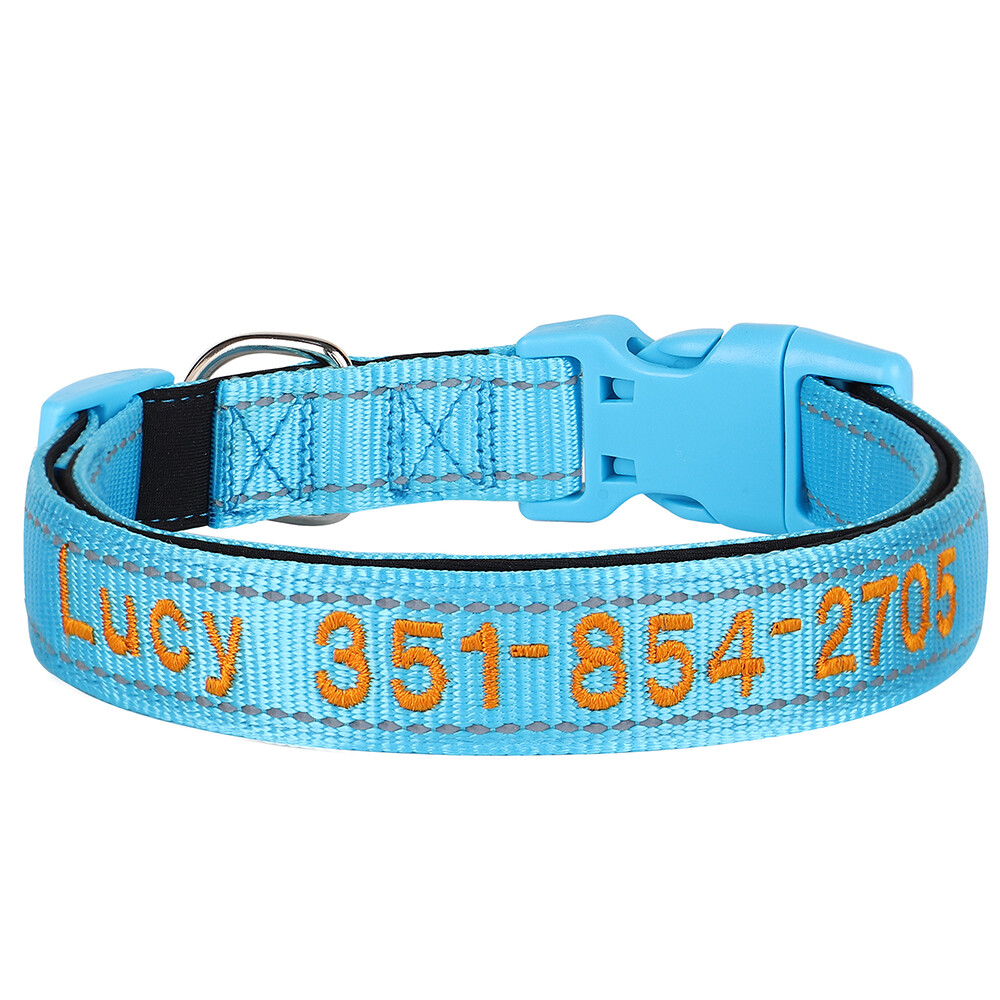 Embroidered Personalized Dog Collar Reflective Nylon Soft Padded Custom Name ID
