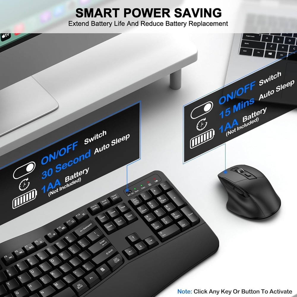 Wireless Keyboard and Mouse Combo, 2.4G Full Size Wave Keys Ergonomic Keyboard