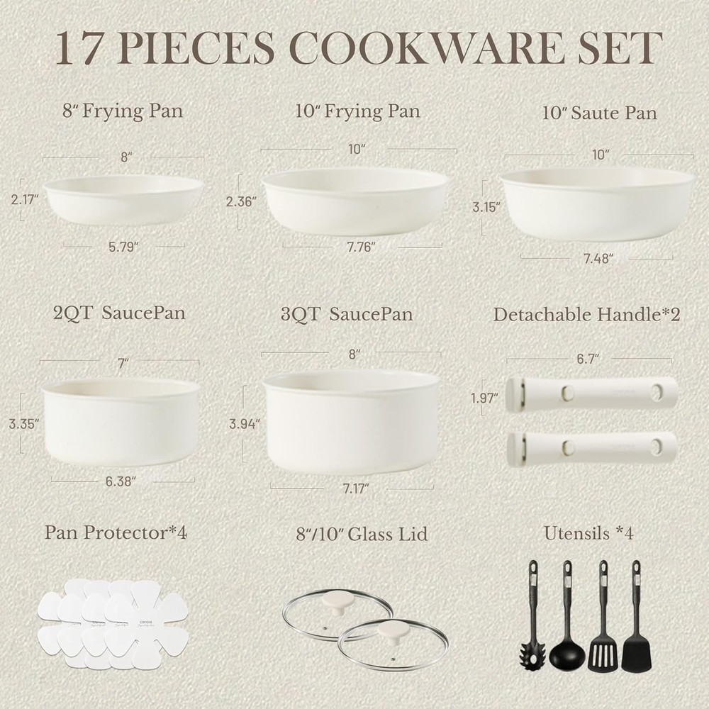 Space-Saving 17-Piece Nonstick Kitchen Set with Detachable Handles & Essentials
