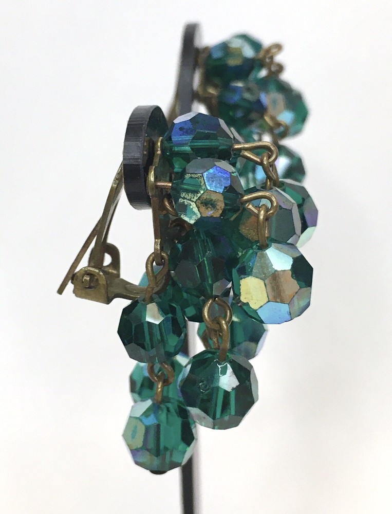 Dark Green AB Cluster Dangle Earrings Clip On Style Luster Sparkle