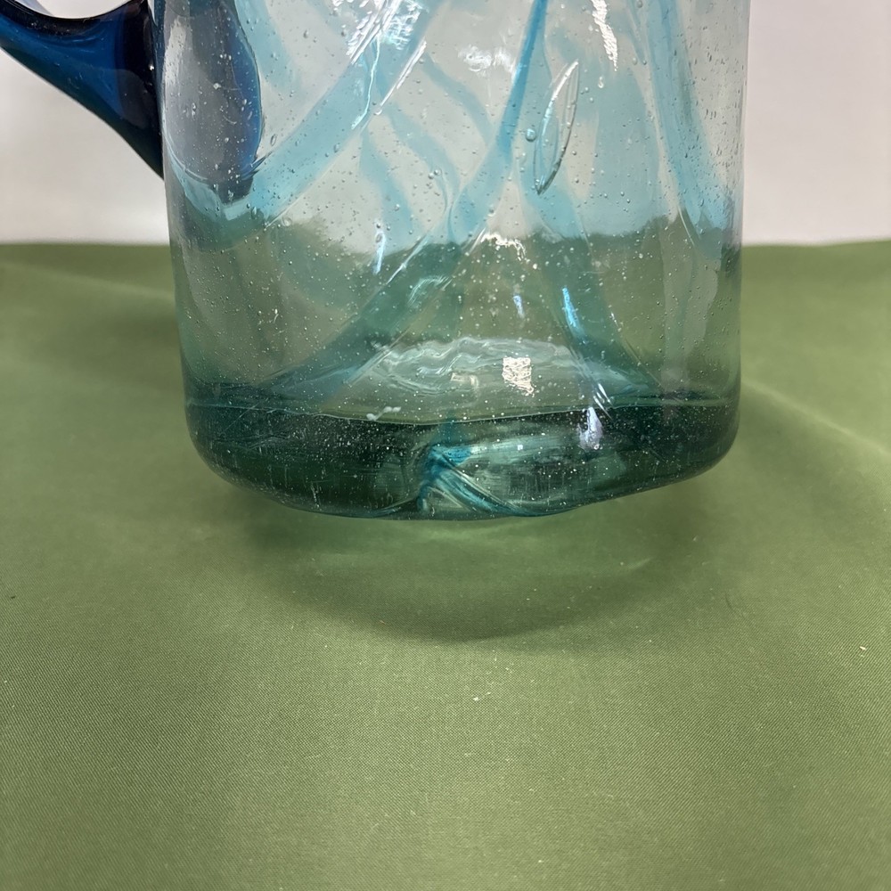 Vintage Hand Blown Blue Swirl Glass 9” Pitcher with Handle