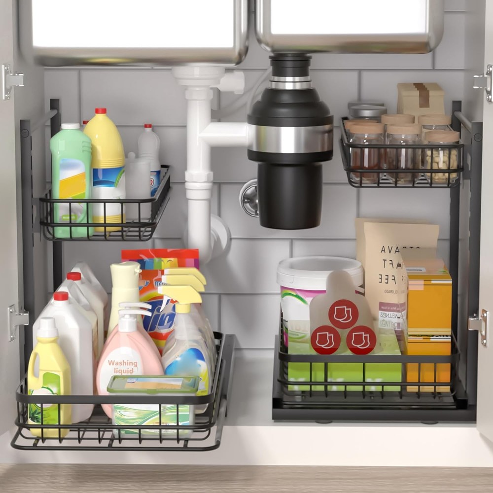 Under Sink Organizer Adjustable Height Pull-Out Kitchen Storage