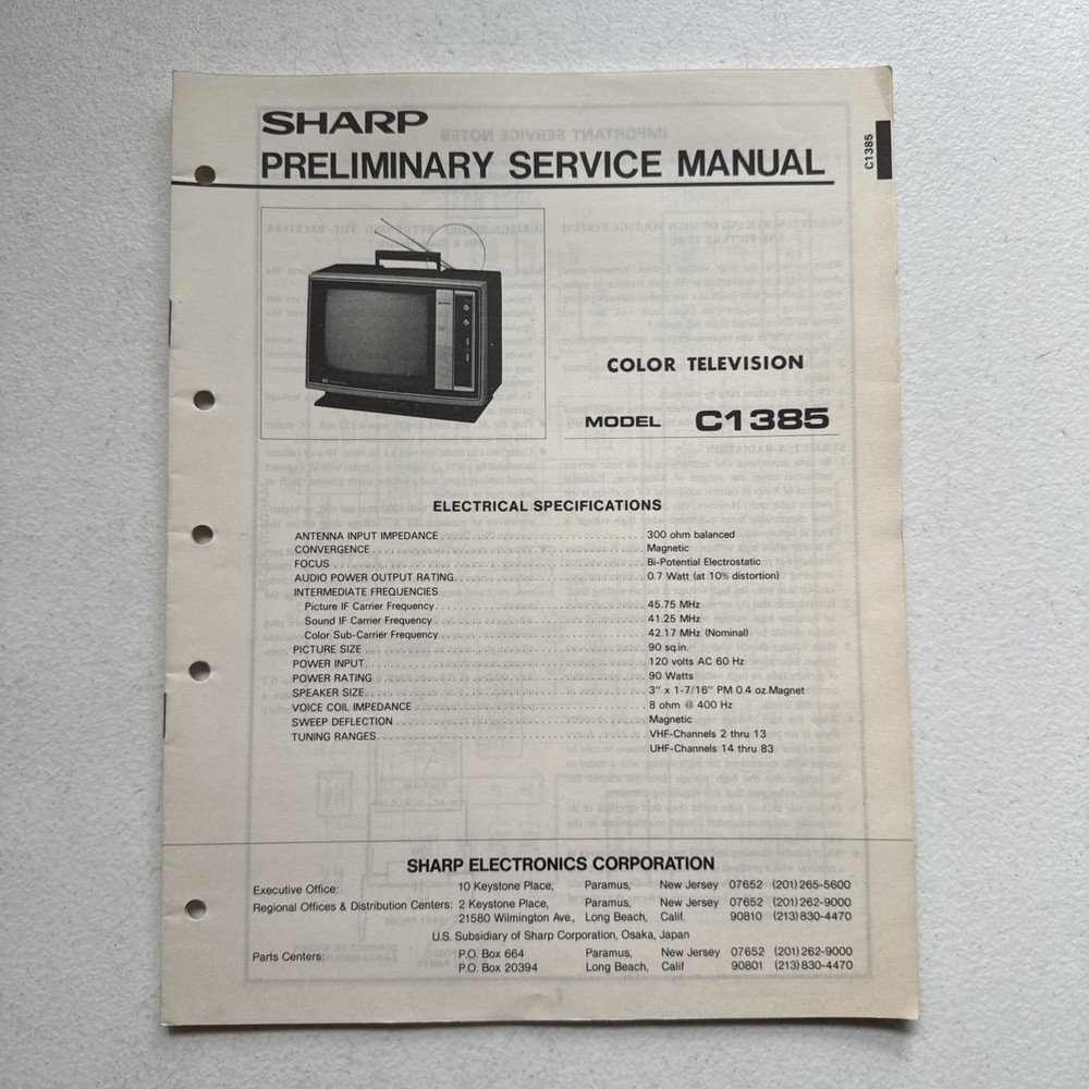 Sharp Electronics Color Television Model C1385  Preliminary Service Information