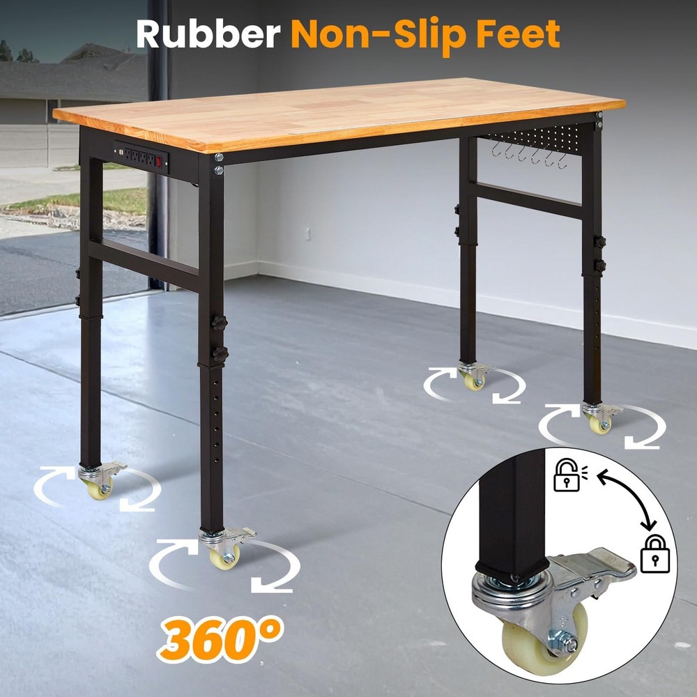 60" Adjustable Workbench 2000Lbs Work Bench Table with Casters & Power Outlets