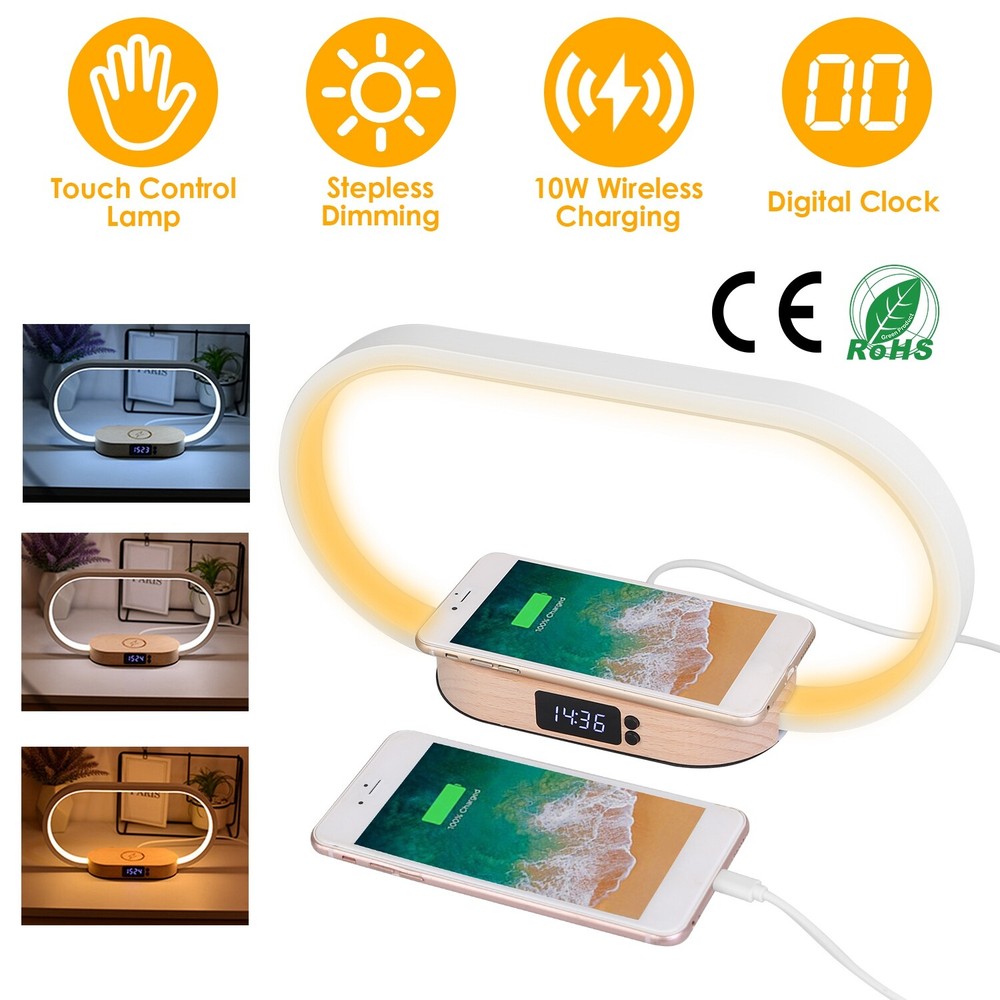 Bedside Table Lamp w/ Clock Wireless Charging LED Desk Lamp Dimmable Nightstand