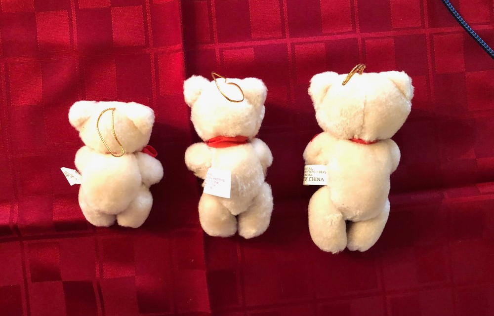 3 JOINTED BEIGE PLUSH TEDDY BEARS WITH RED BOWS-SMALL MEDIUM LARGE
