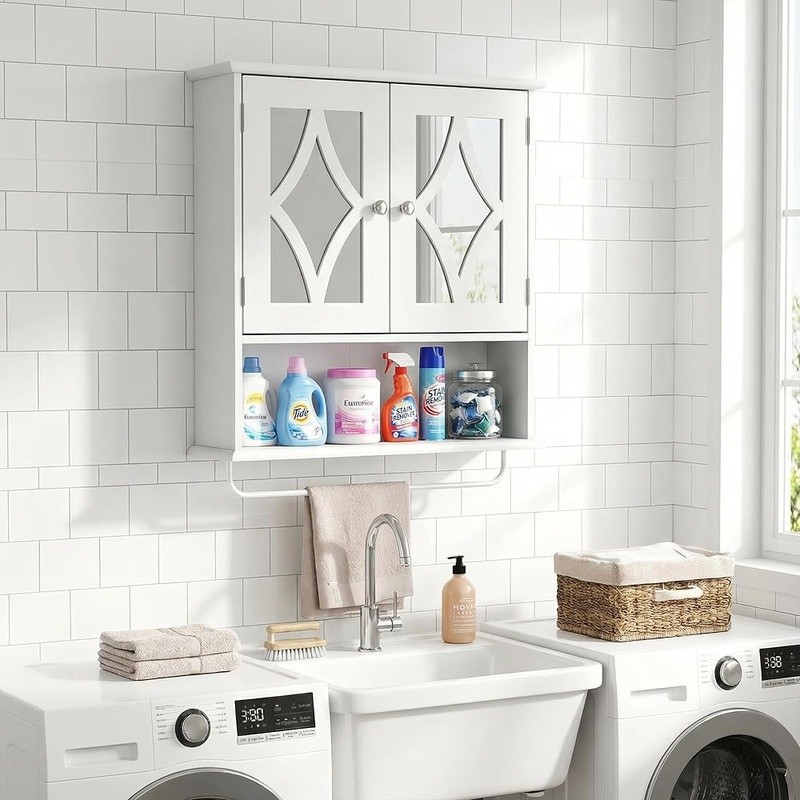 Multi-Functional Wall Mounted Cabinet W/ Towel Rack & Mirror Doors Storage New