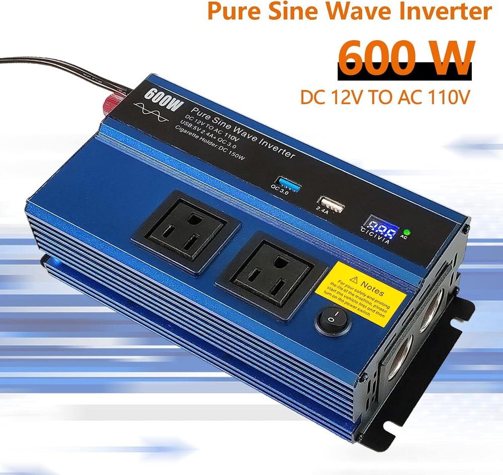 SOJOY Power Inverter DC 12V to AC 110V Pure Sine Wave w/ USB AC Outlets *5052A1F