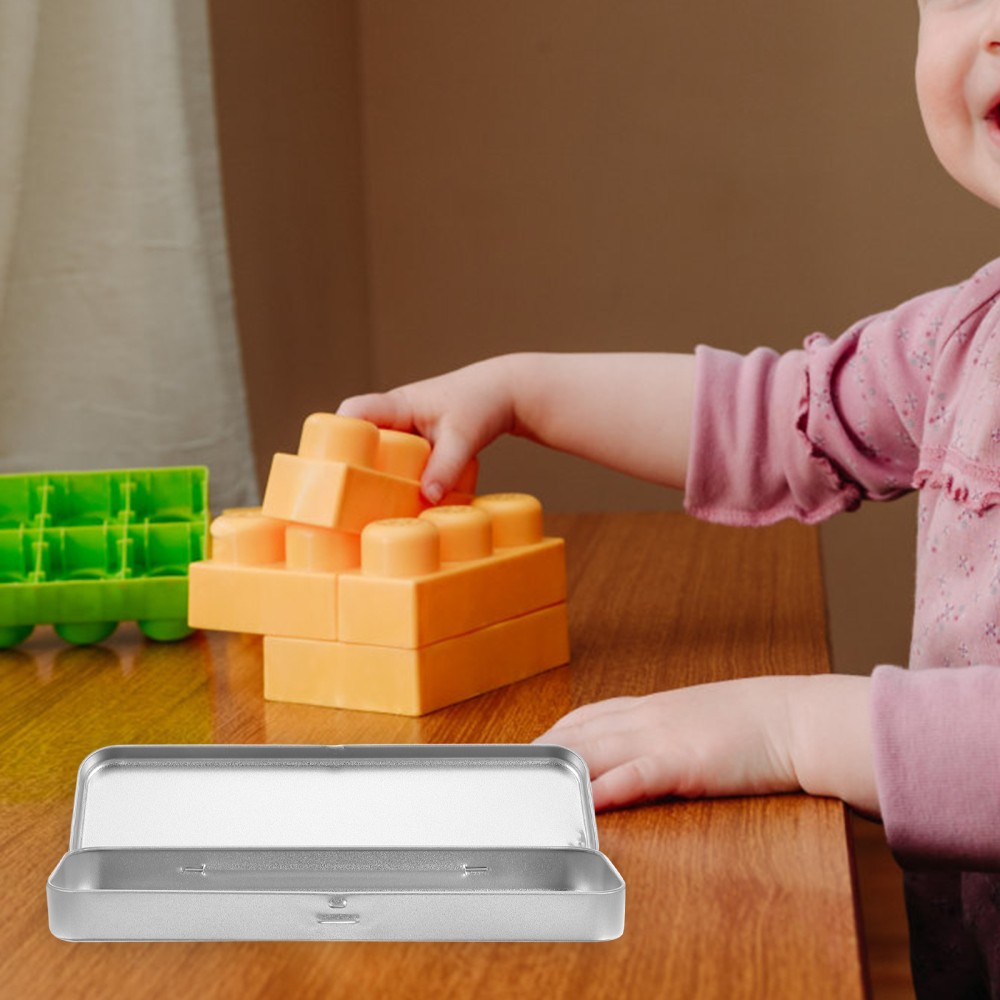 Pencil Case Rectangular Hinged Tin Box Silver Pens Office for Kids