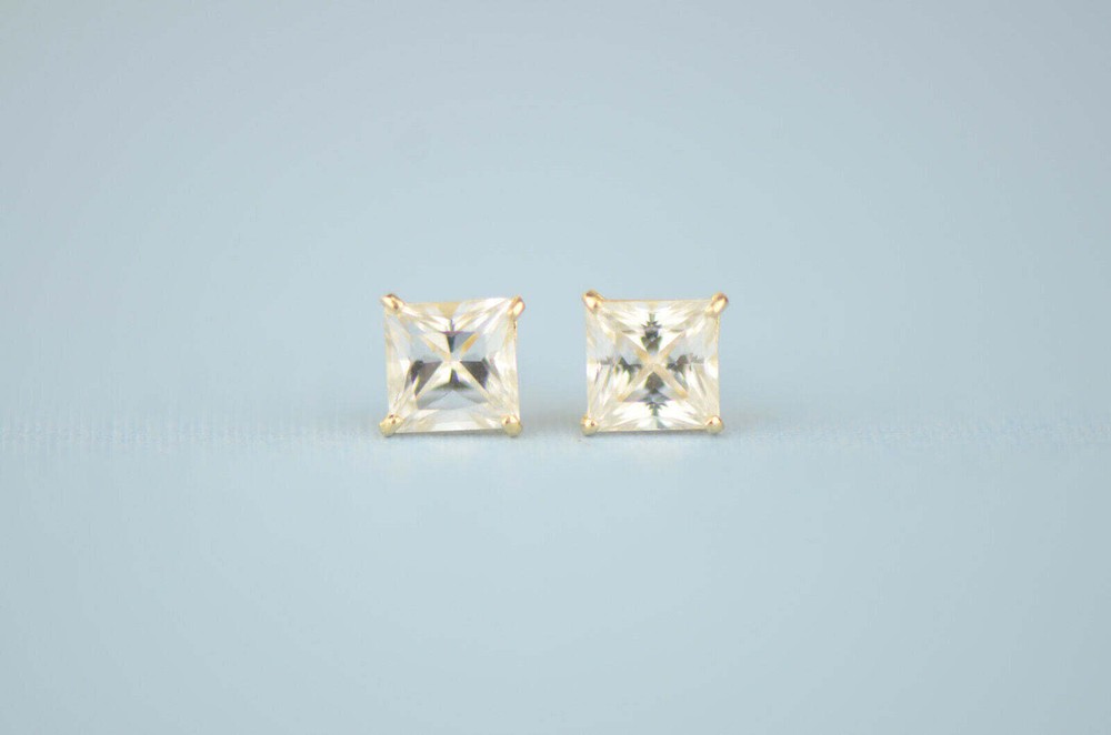 14k solid yellow gold square clear CZ basket set stud earrings 3mm-10mm