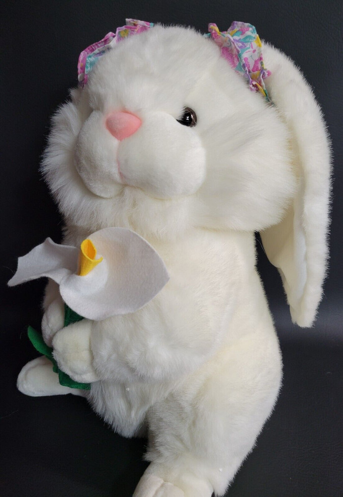 Large 18" Plush White Lop Eared Easter Bunny Rabbit Holding Spring Flower
