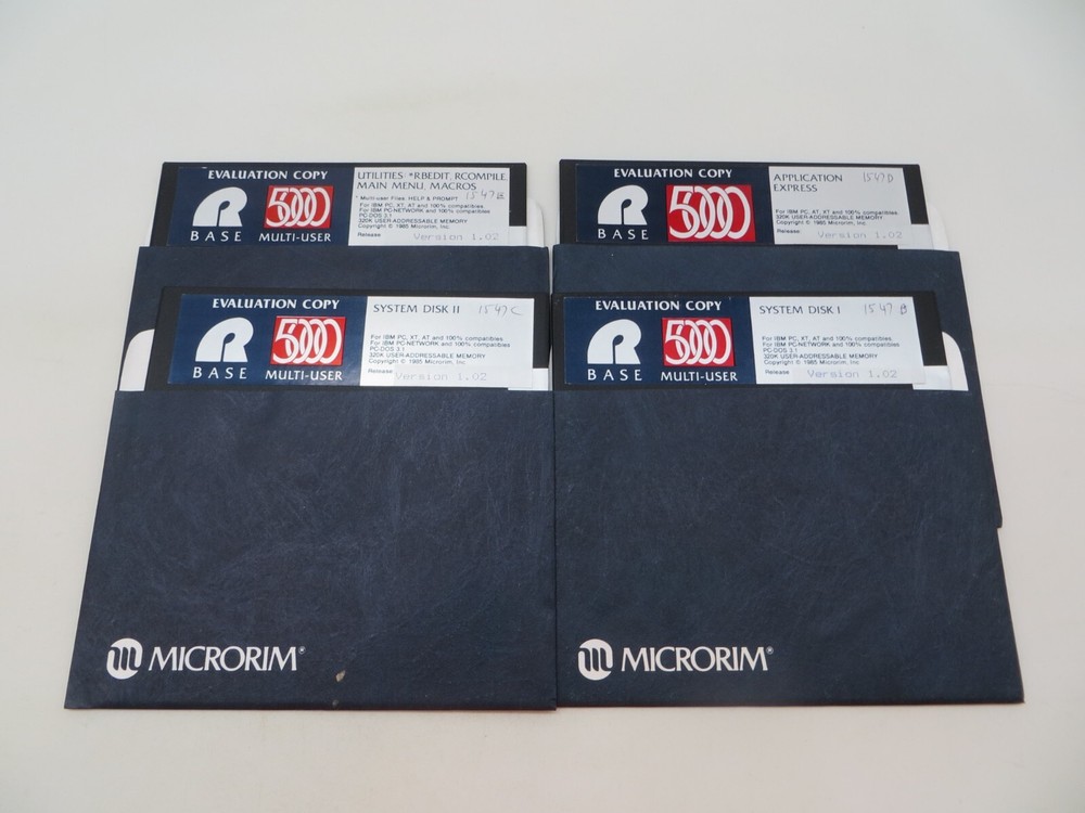 R BASE 5000 MULTI-USER VERSION 1.02 5.25" Floppy Disks Evaluation Copy 1985