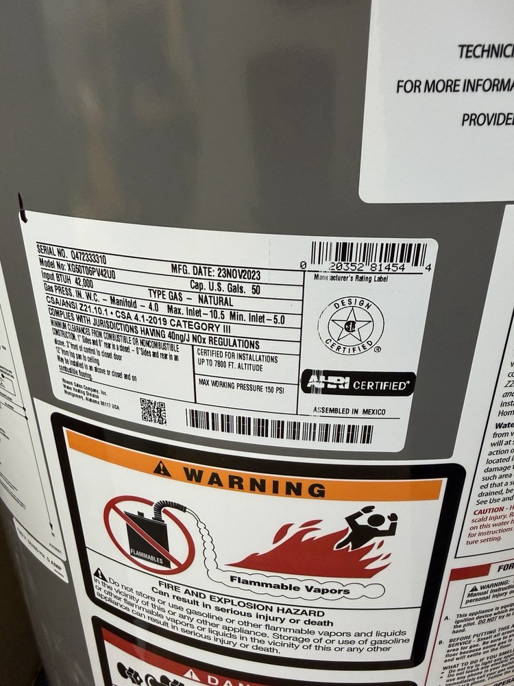 Rheem Natural Gas Vent Tall Water Heater 50 Gal 42,000 BTU XG50T06PV42U0