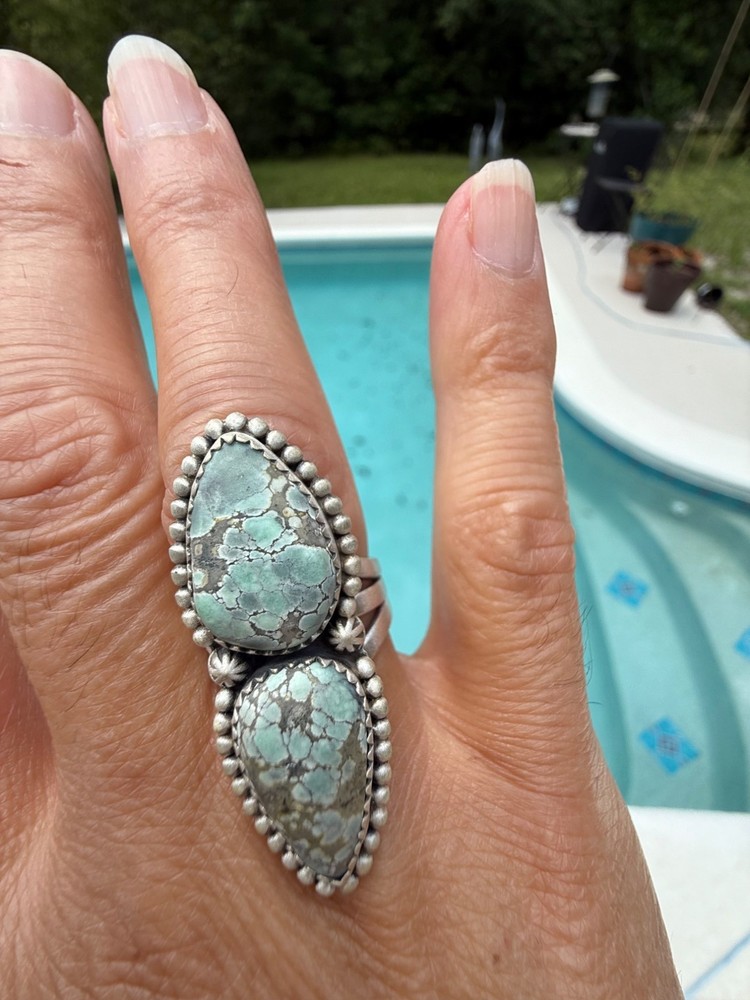 Artisan Starfox Varasite Turquoise Sterling Silver Double Stone Statement Ring