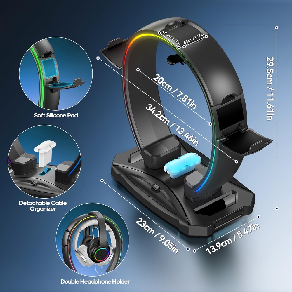 KDD RGB Headphone & Controller Stand with 9 Light Modes - Foldable Black