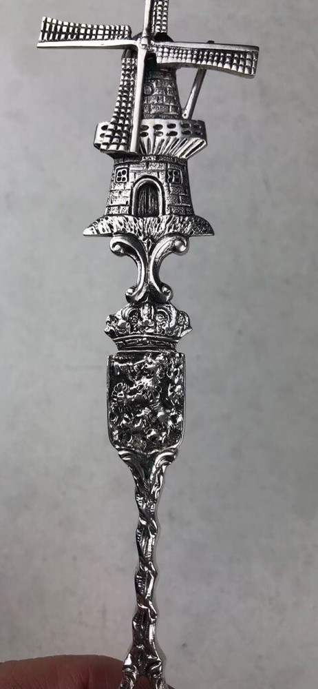 Antique Dutch Silver Spoon w/ Windmill Handle & Embossed Bowl