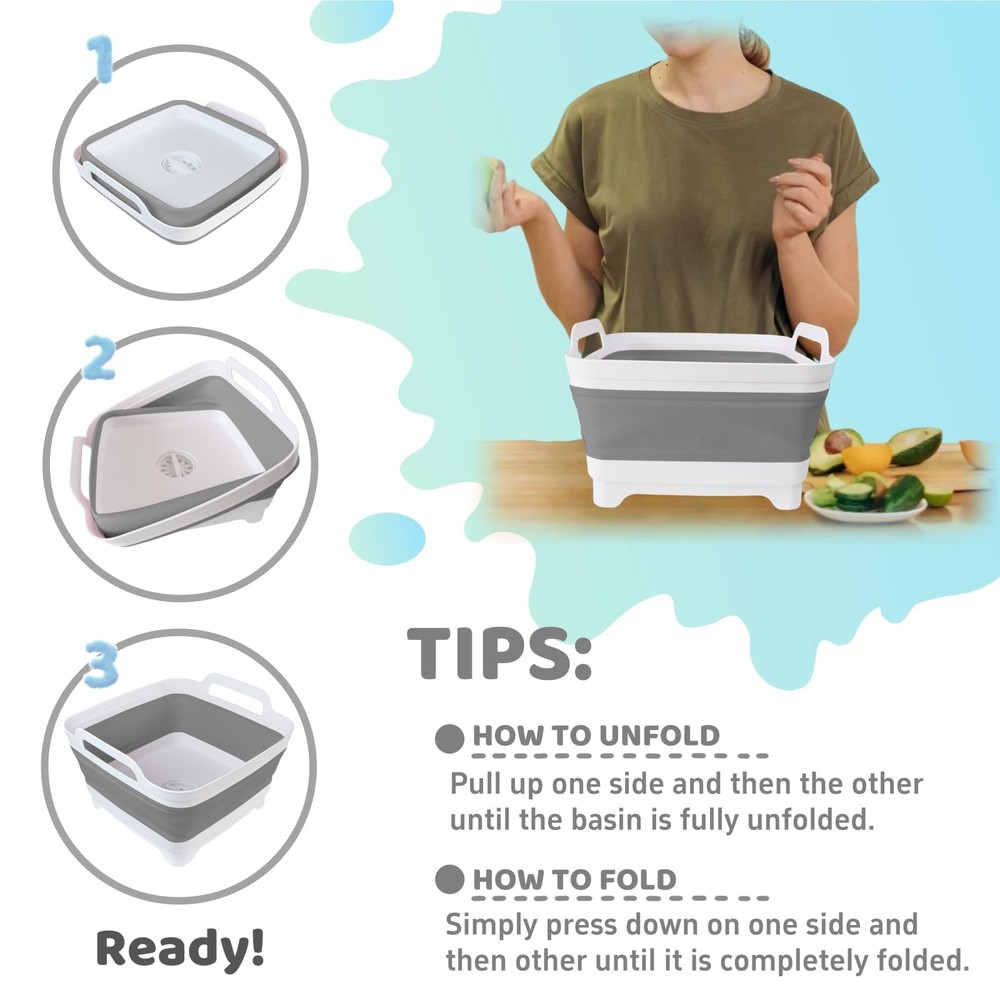 Collapsible Wash Basin with Drain Plug - 2.4 Gallon Foldable Kitchen Sink for...