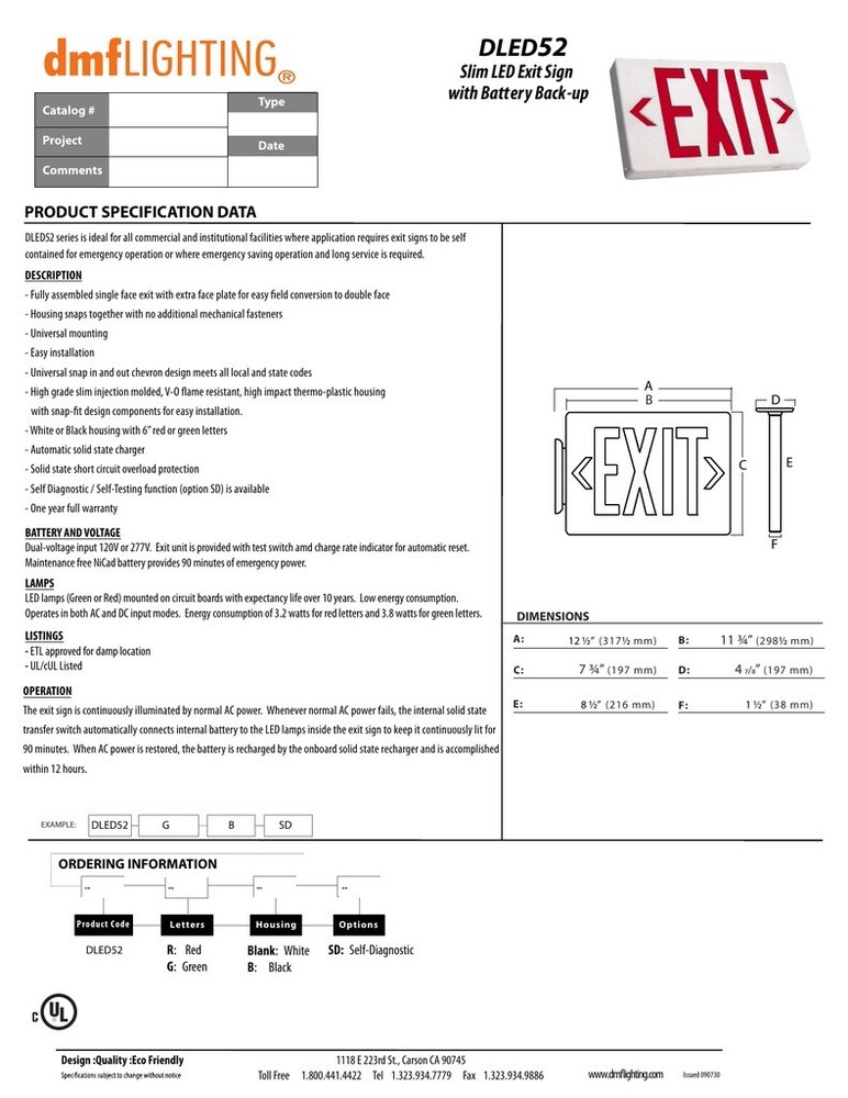 LED Exit Sign (2-pack) Battery Backup UL Ceiling Mount / Wall Mount