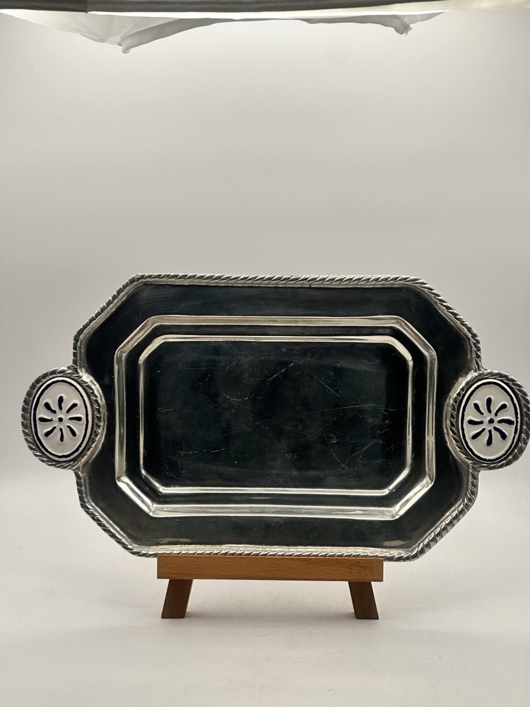 Pewter Mexicano Platter With Ceramic Tile Handle Embellishments