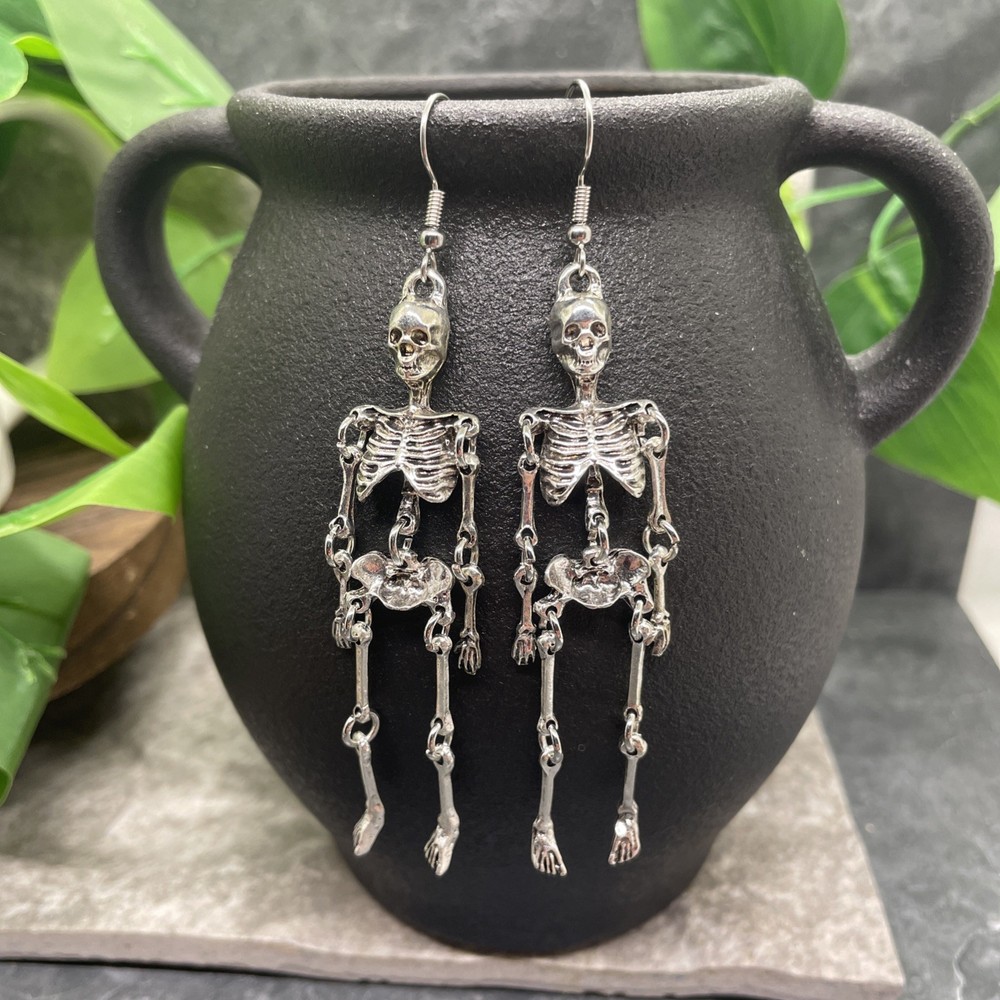 3.5” Silver-tone Earring Set Boho Retro Dangle Drop New Skeleton B6722