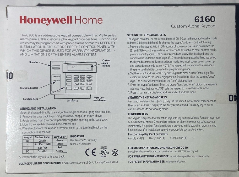 Honeywell 6160 Custom Alpha Keypad