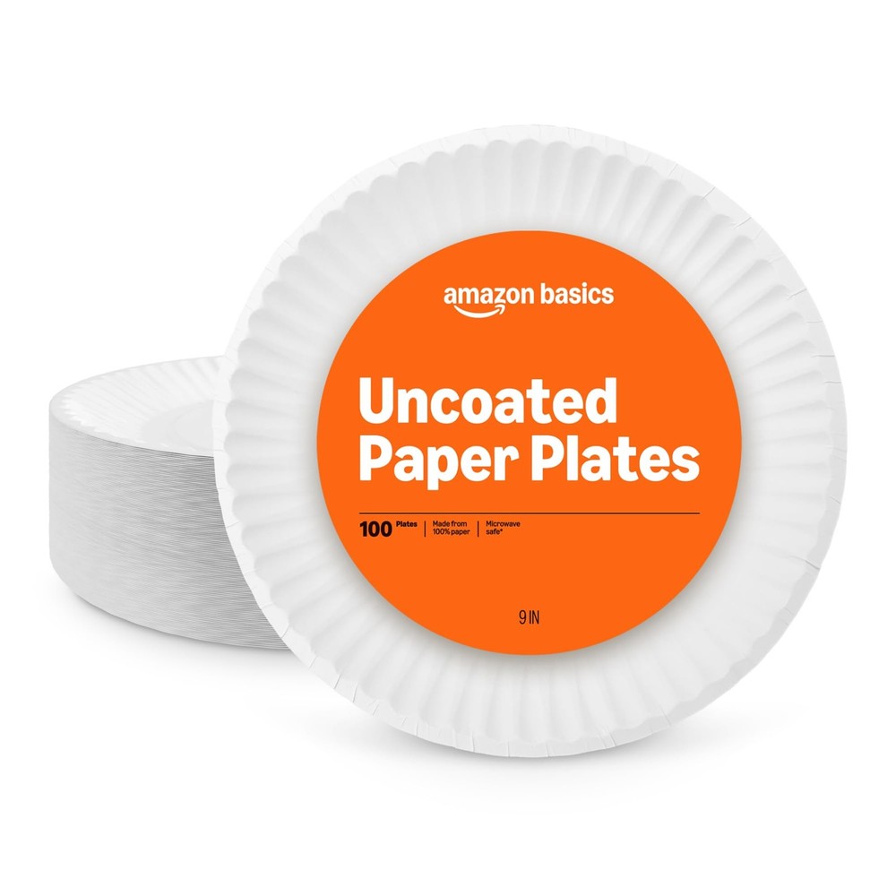 Amazon Basics 9" Uncoated White Paper Plates 100 1 pack (100 count),