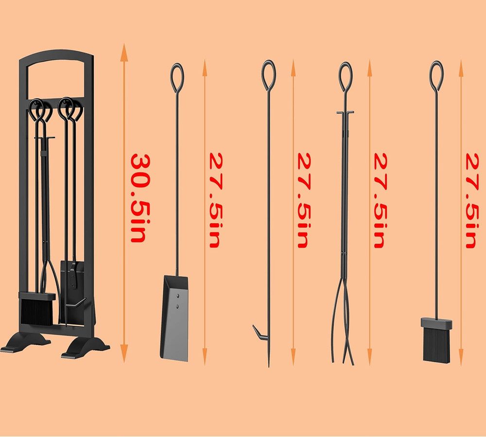 Compact 5-Piece Lightweight Fireplace Tool Set - Stylish Fire Pit Accessories