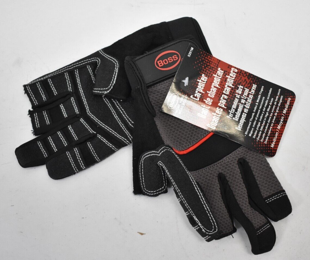 Boss Breathable Carpenter Gloves Medium Size Shortened Thumb Wrist Strap