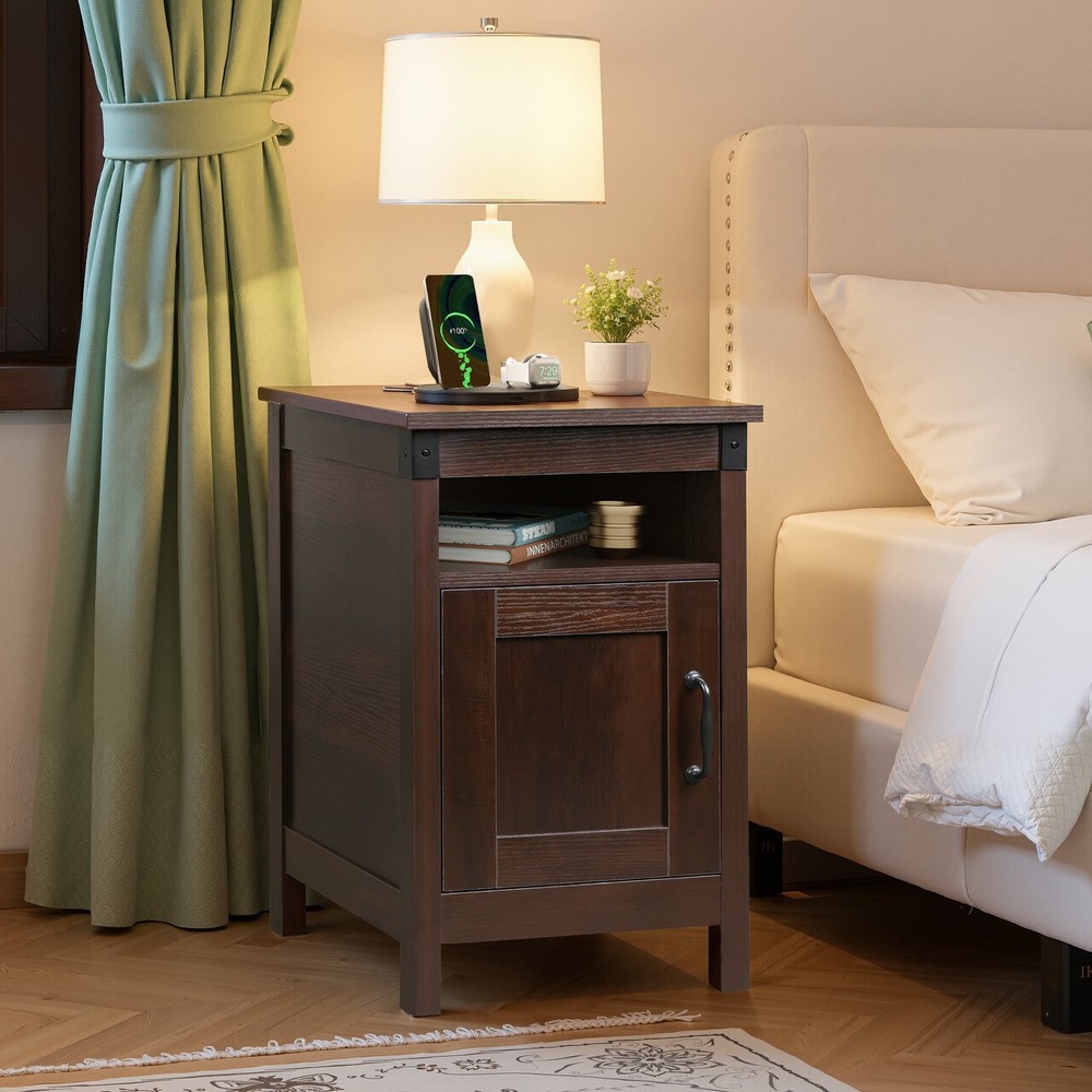 Side Table with Charging Station Narrow End Table with Storage Night