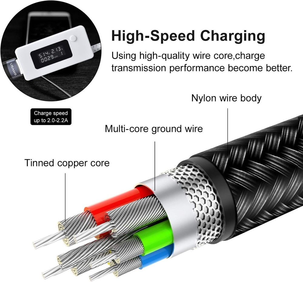 USAMS 2Pack Multi Charging Cable Nylon Braided Short 1FT 4 1ft, Multicolored
