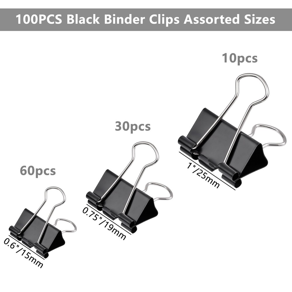 100pcs Binder Clips Assorted Sizes, Black Paper Clamps, Medium, Small, Mini 3...