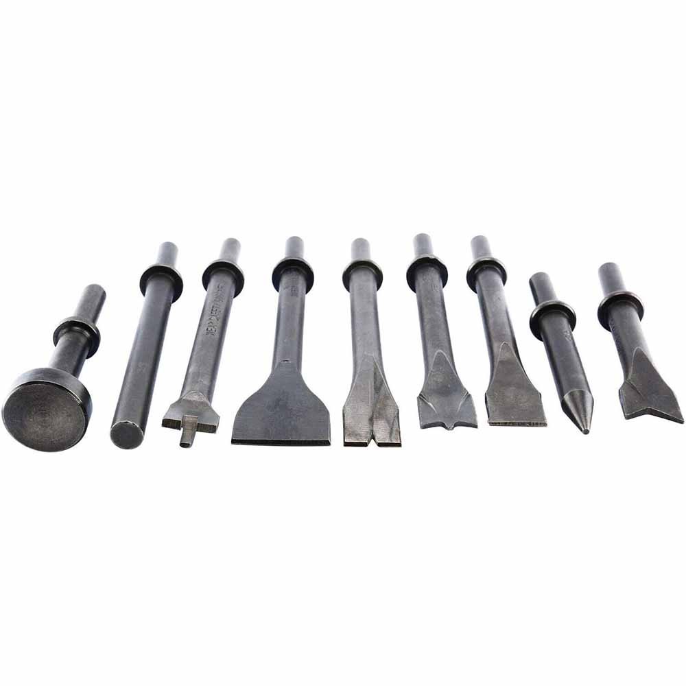 9Pcs Pneumatic Air Hammer Punch Chipping Bits Tool Chisel 0.39In Shank Tool Set
