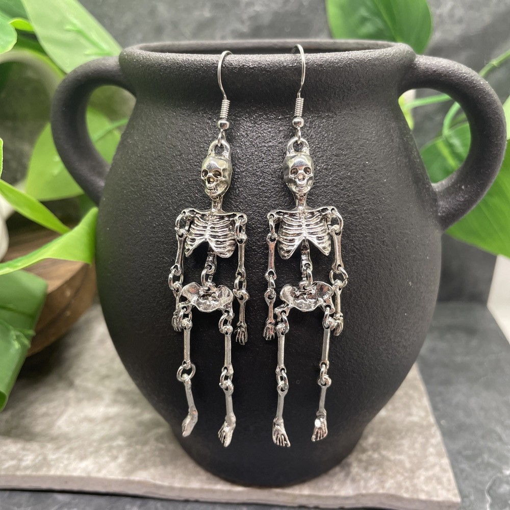 3.5” Silver-tone Earring Set Boho Retro Dangle Drop New Skeleton B6722