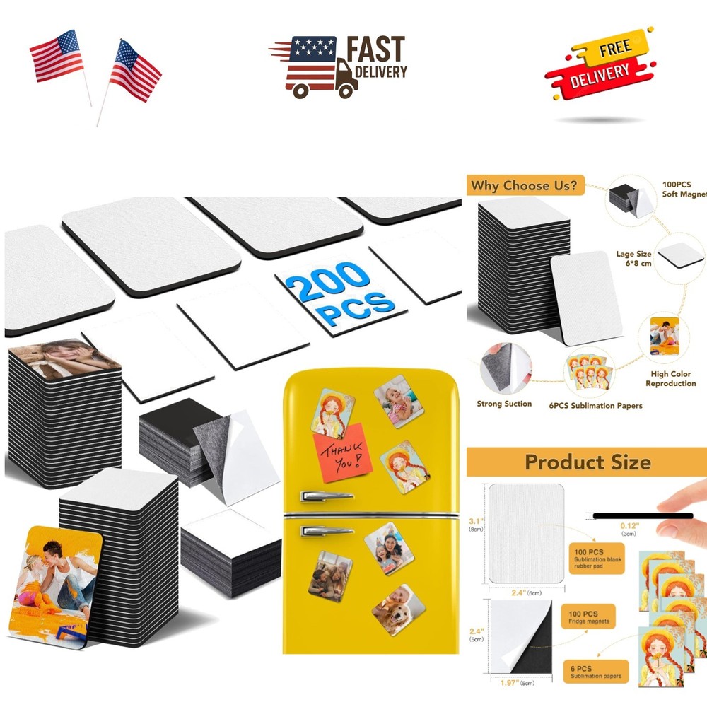 200Pcs Sublimation Magnet Blanks Set,Personalized Sublimation Refrigerator Ma...