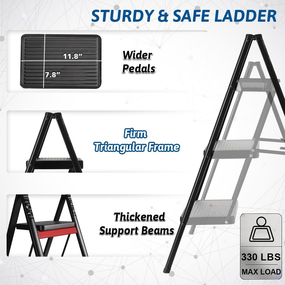 Step Ladder 3 Step Folding, Sturdy 330 Lbs Load Small Step Stool for Adults, ...