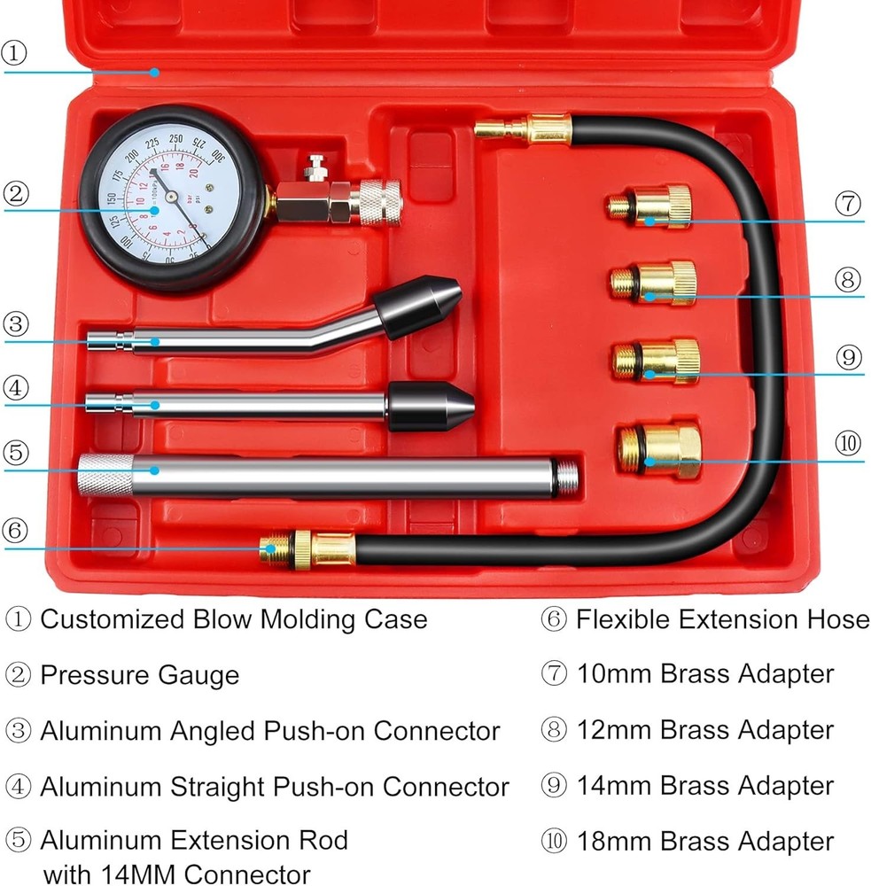 Professional Engine Compression Tester Gauge Kit with Universal Adapters - 9PCS