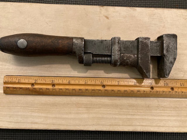 Vintage 10" Wood Handle COES Worcester, Mass. Adjustable Monkey Wrench