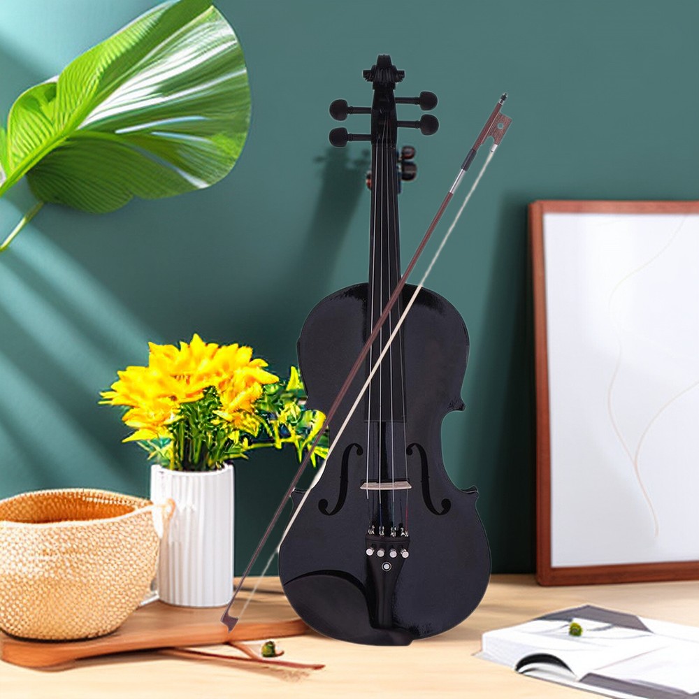 Black 4/4 Full Size Solid Wood Violin Set w/ EQ, Shoulder Rest, Electronic Tuner