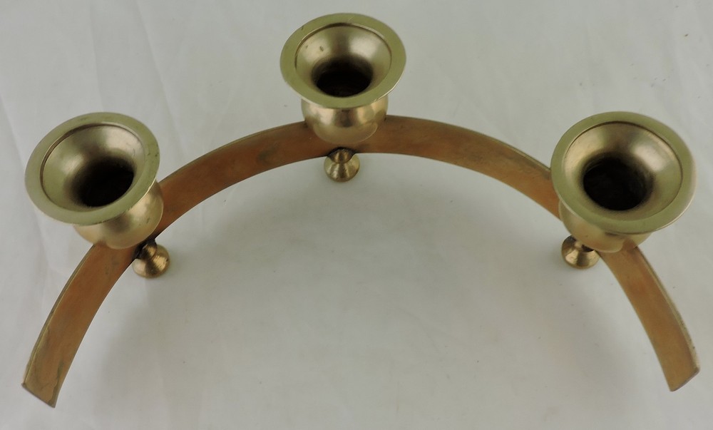 MID CENTURY MODERN DANISH STYLE BLASS THREE ARM CANDLESTICK HOLDER