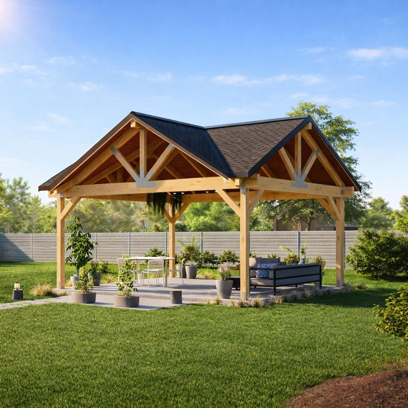 3 Gable Backyard Pavilion plans-Post and Beam Covered Patio Construction Bluepri