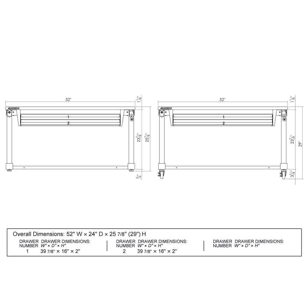 Husky Adjustable Height Workbench Table 52" Solid Wood Top 2-Drawer Steel Frame