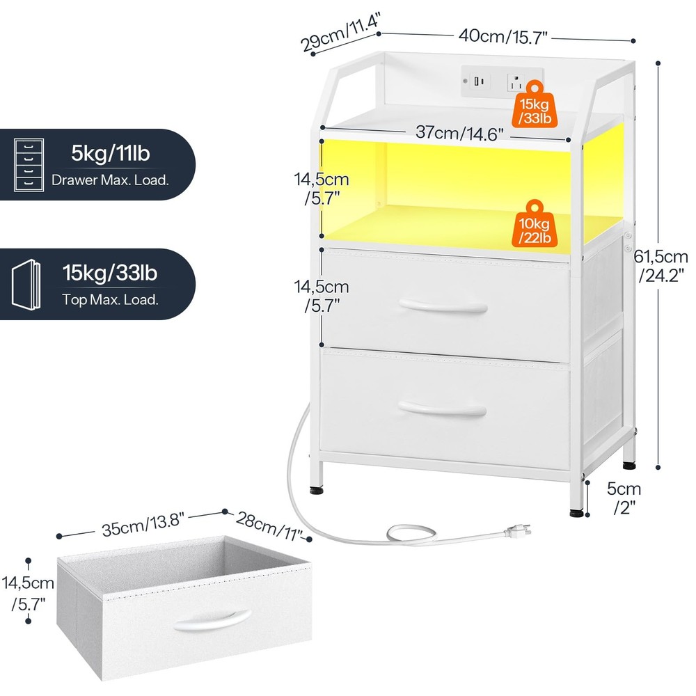 Nightstand with Charging Station, Bedside Table with Adjustable Fabric Drawer...