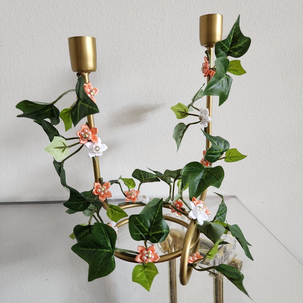 Floral Peach And White Gold Candlestick Holders