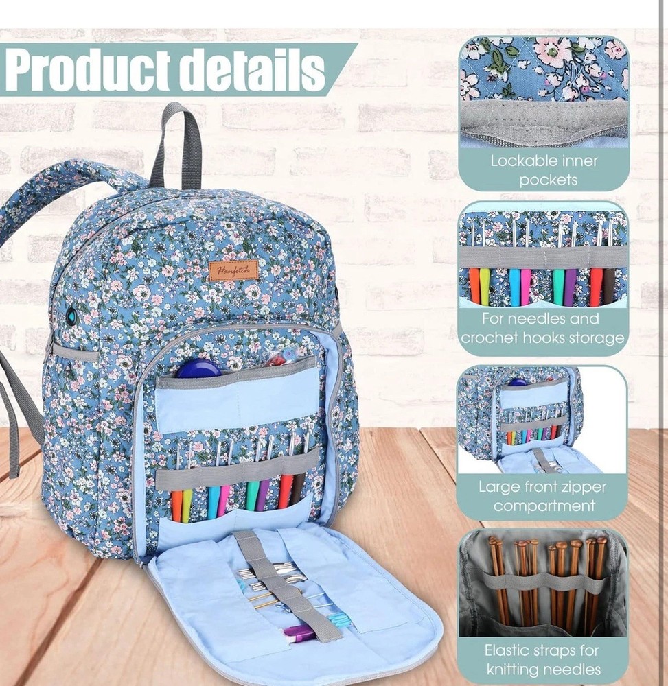 Yarn Storage Organizer Knitting Bag Backpack Flower Blue