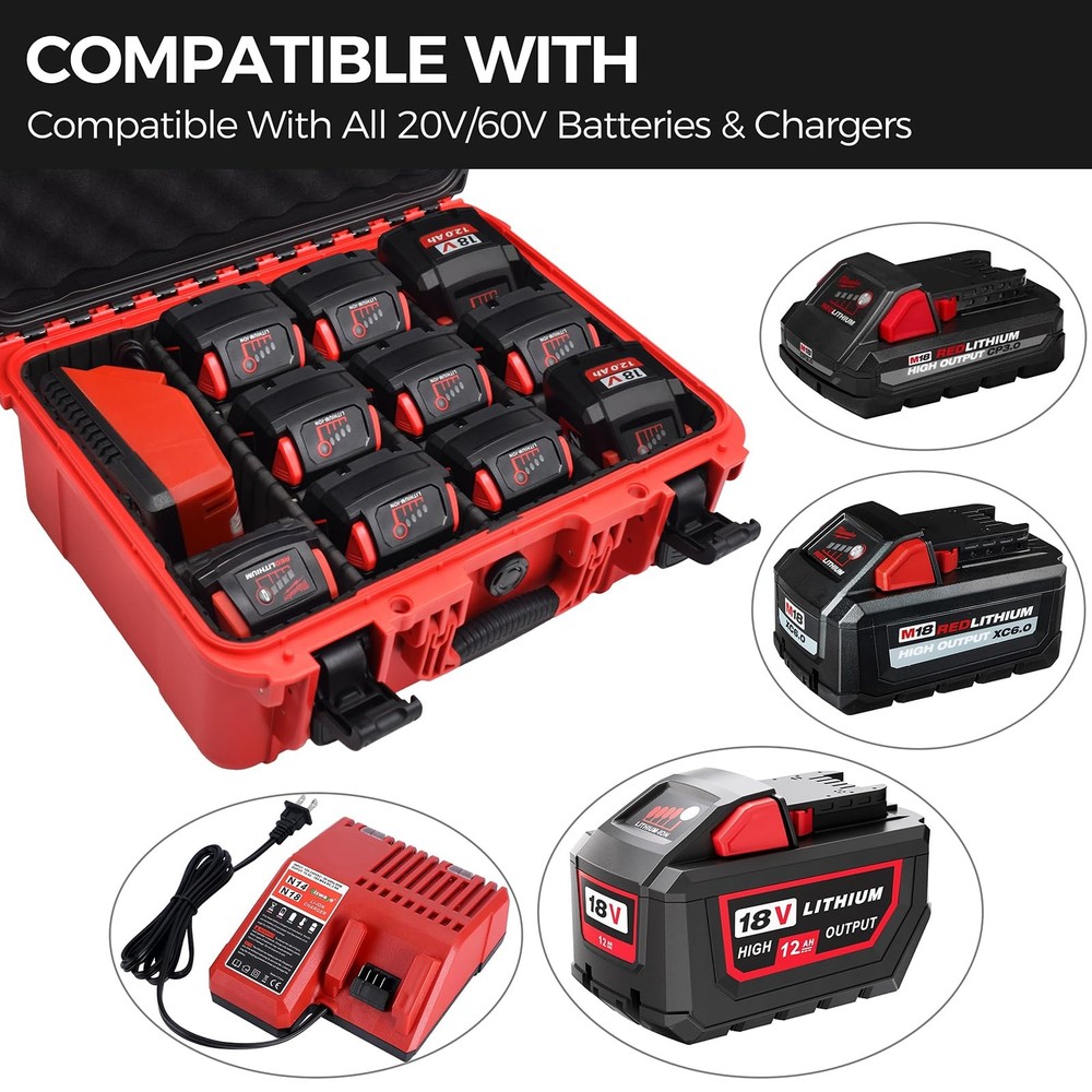 Case for Milwaukee Battery - Extra Large Hard Storage Box with Adjustable Div...