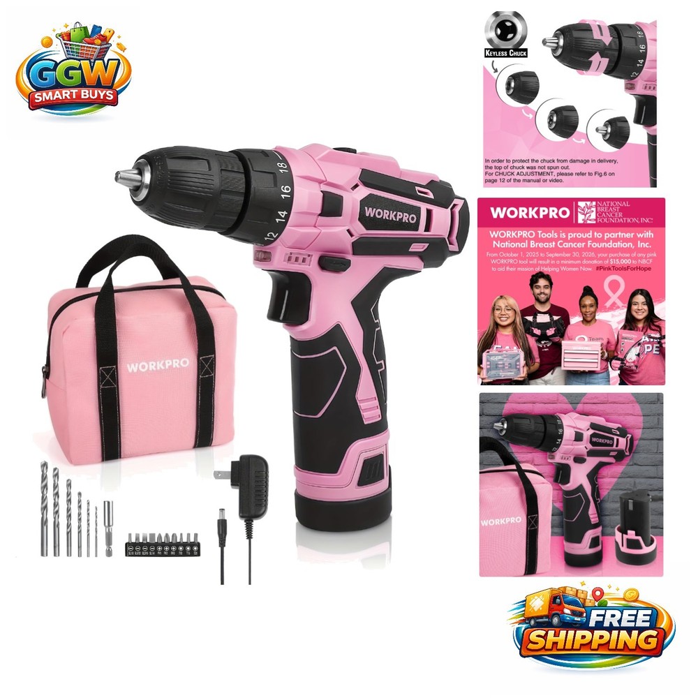 Ergonomic 12V Pink Cordless Drill Set with Variable Speed & LED Trigger Light