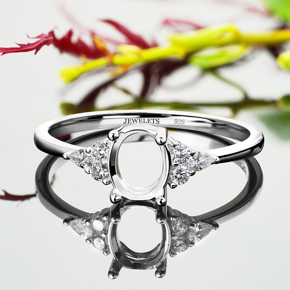 Silver Ring Blank 6x8mm with CZ Side Stones – Oval Prong Setting for Gemstone